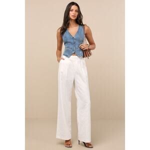 Lulus Andrey Cream Floral Embroidered Straight-leg Trouser Pants White - Size S